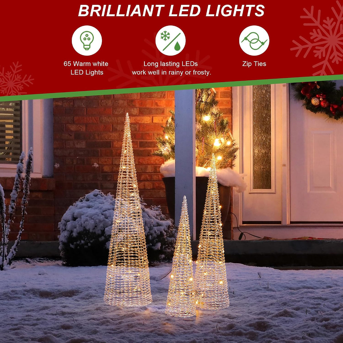 Glitzhome Lighted Christmas Crystal Cone Tree, with 65 LED Lights Warm White Holiday Christmas Decorations pre-lit Lawn Yard Decoration Festival Outdoor and Indoor use Long-Lasting, Gold, Set of 3