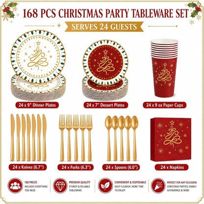 168 PCS Christmas Party Supplies Tableware Set, Disposable Xmas Dinnerware Set Serves 24 Guests, Christmas Tree Snowflake Paper Plates Cups Napkins Knives Forks Spoons for Holiday Decorations