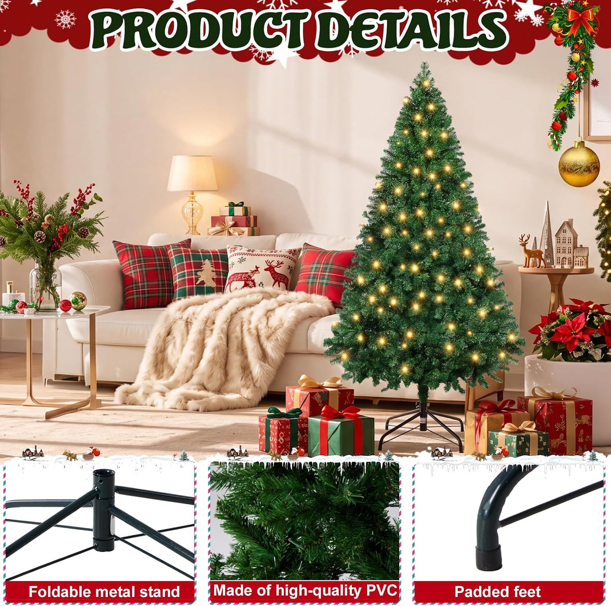 DUMOS 4.5 Ft Pre-Lit Christmas Tree, Artificial Xmas Tree, Green