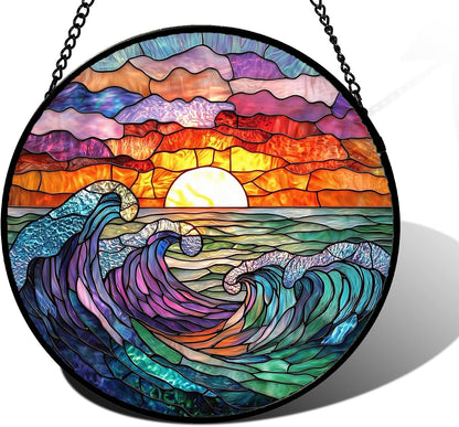 Winter Snow Night Scenery Stained Glass Window Hanging Suncatcher Gift 6.3"