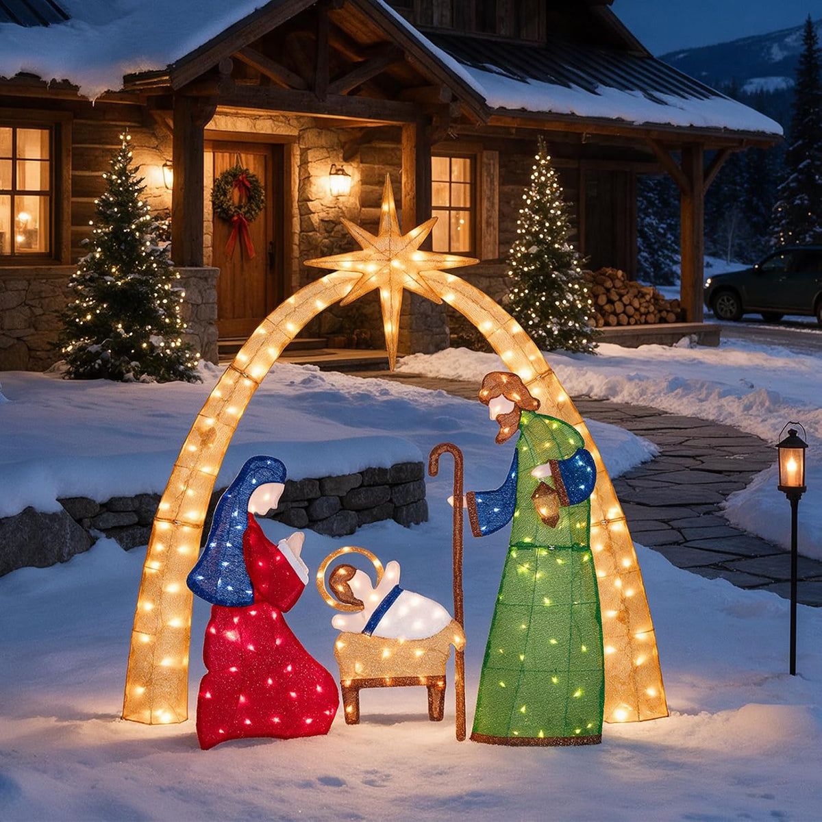 Hykolity 2 Pack 30" + 24" Pop-Up Pre-Lit Outdoor Christmas Ornament Set, Holiday Ball Decoration with 230 Warm White LEDs, 8 Light Modes & 18H Timer, Red & Green