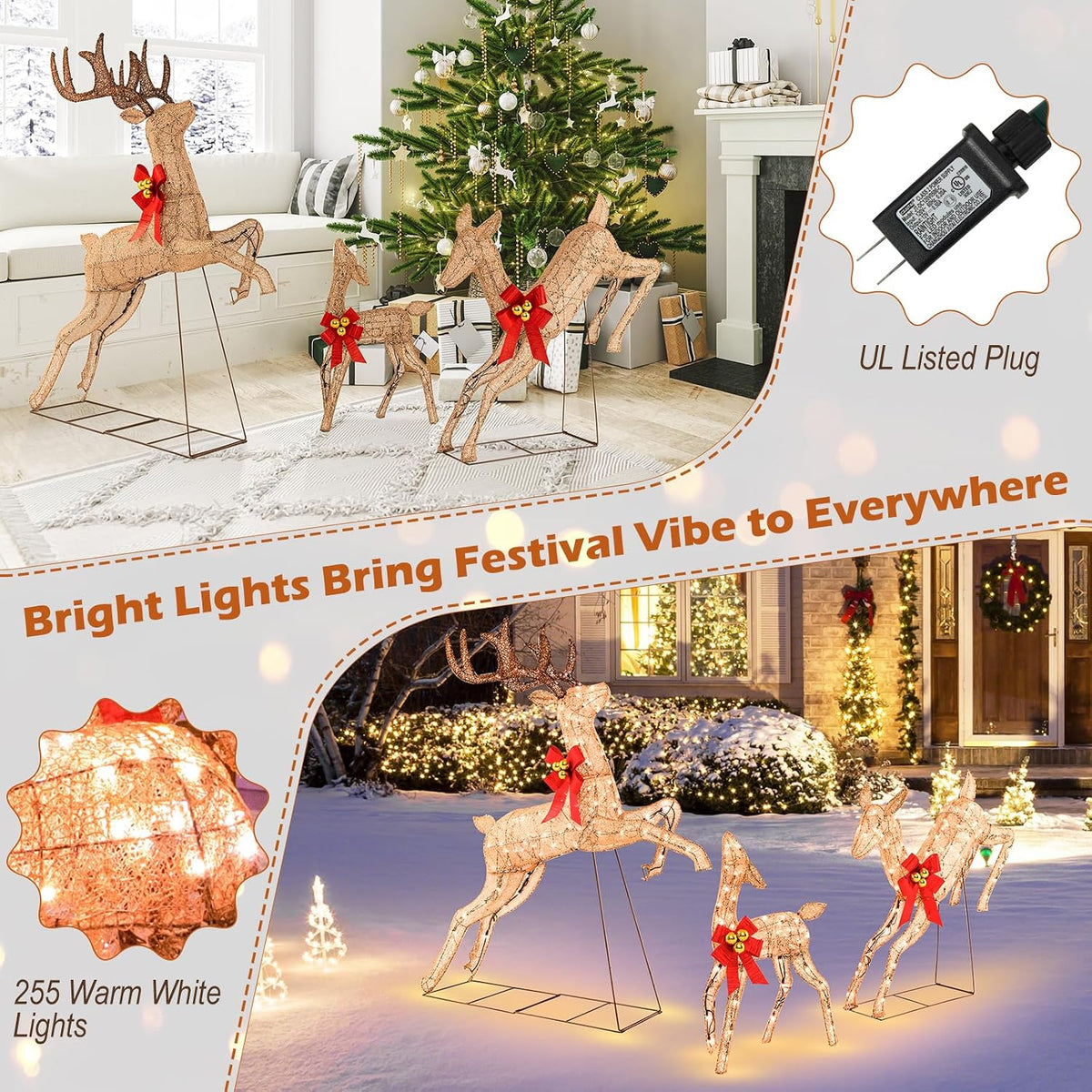 Tangkula 3 Pieces Lighted Christmas Reindeer, Holiday Reindeer Family Set