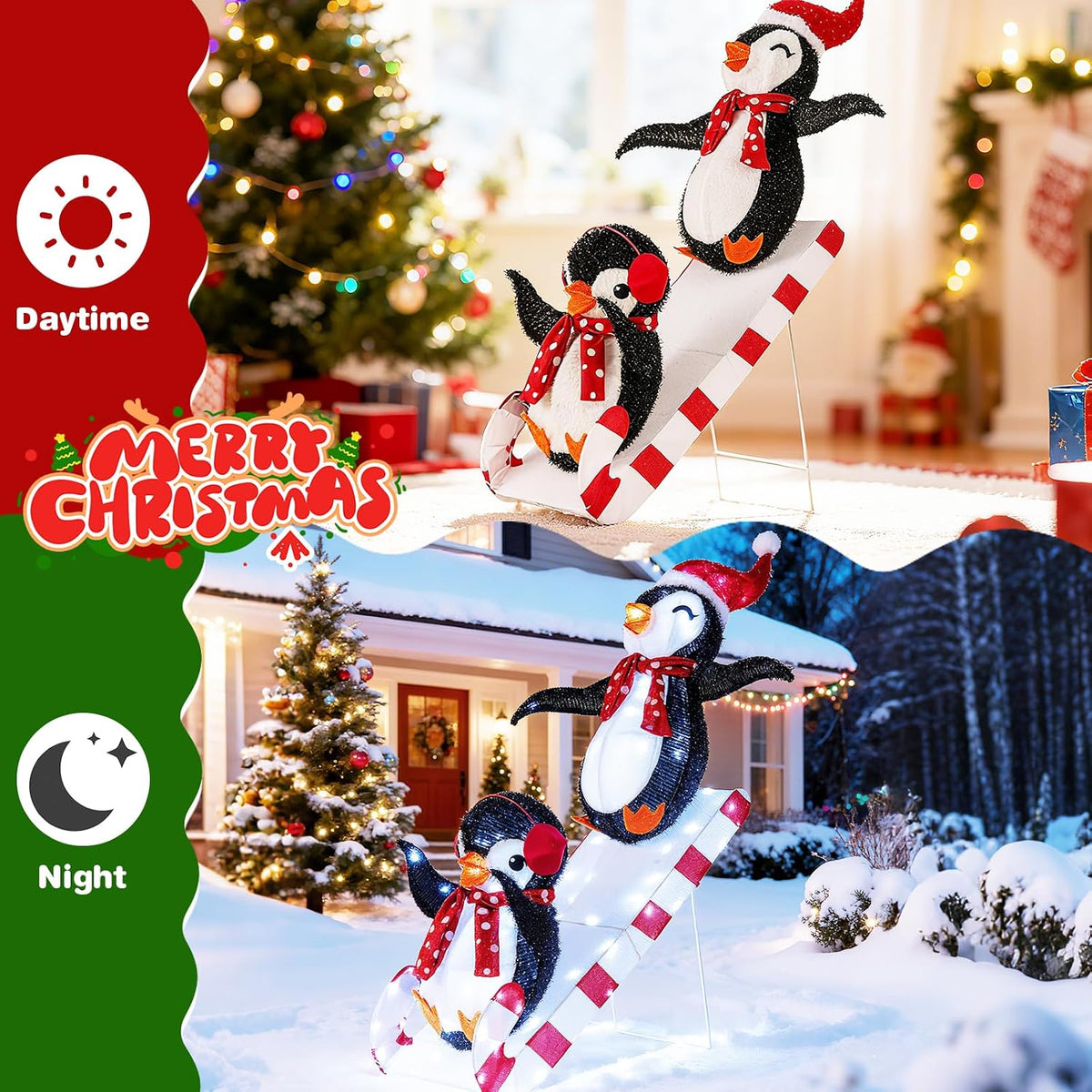 Tangkula Christmas Lighted Penguins Sliding Decoration, 3D Pre-Lit Penguins