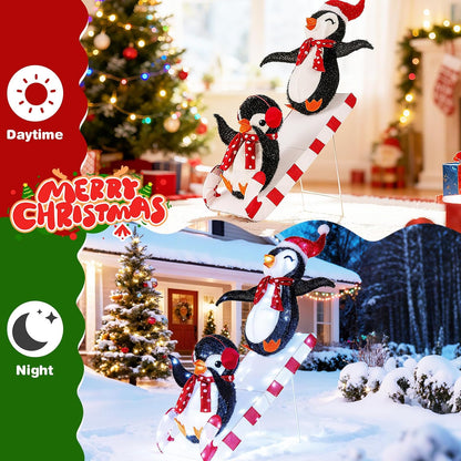 Tangkula Christmas Lighted Penguins Sliding Decoration, 3D Pre-Lit Penguins
