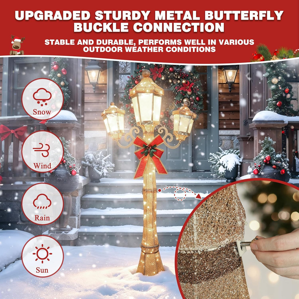 BlueWish 6FT Pre-Lit Triple Lamp Post, Christmas Lamp Post Decor, Golden