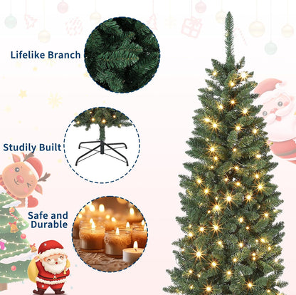 Garvee 6 ft Christmas Tree, Artificial Prelit Pencil Tree, Easy Assemble, Xmas Decor for Home Party Office Mall Holiday