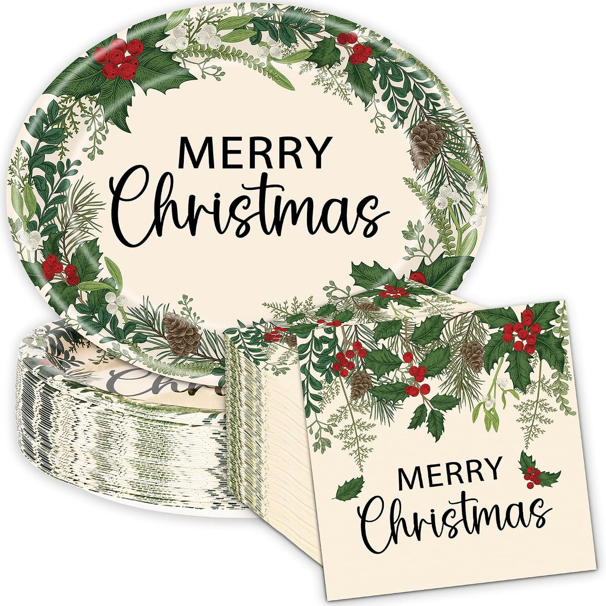 200Pcs Merry Christmas Paper Plates and Napkins , Xmas Dinner Party Plates