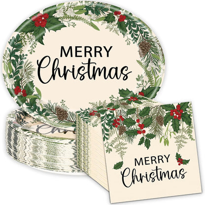 200Pcs Merry Christmas Paper Plates and Napkins , Xmas Dinner Party Plates