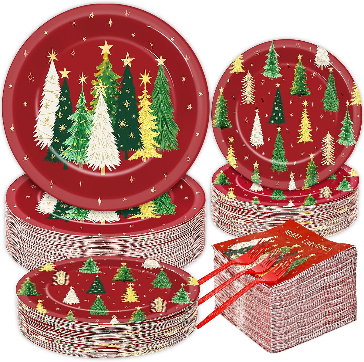 200Pcs Merry Christmas Paper Plates and Napkins ,Red Xmas Dinner Plates