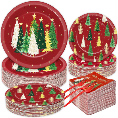 200Pcs Merry Christmas Paper Plates and Napkins ,Red Xmas Dinner Plates