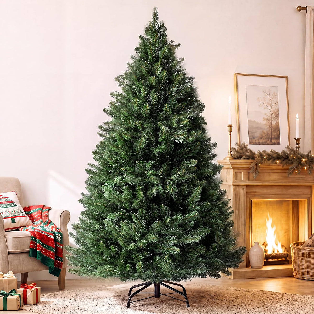 LUCKLIFE 6 ft Artificial Christmas Tree, Full PVC Unlit Christmas Tree with Champagne Gold Mesh Ribbon, Metal Stand, Easy Assembly for Home & Holiday Party Decor, Green