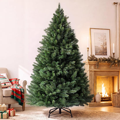 LUCKLIFE 6 ft Artificial Christmas Tree, Full PVC Unlit Christmas Tree with Champagne Gold Mesh Ribbon, Metal Stand, Easy Assembly for Home & Holiday Party Decor, Green