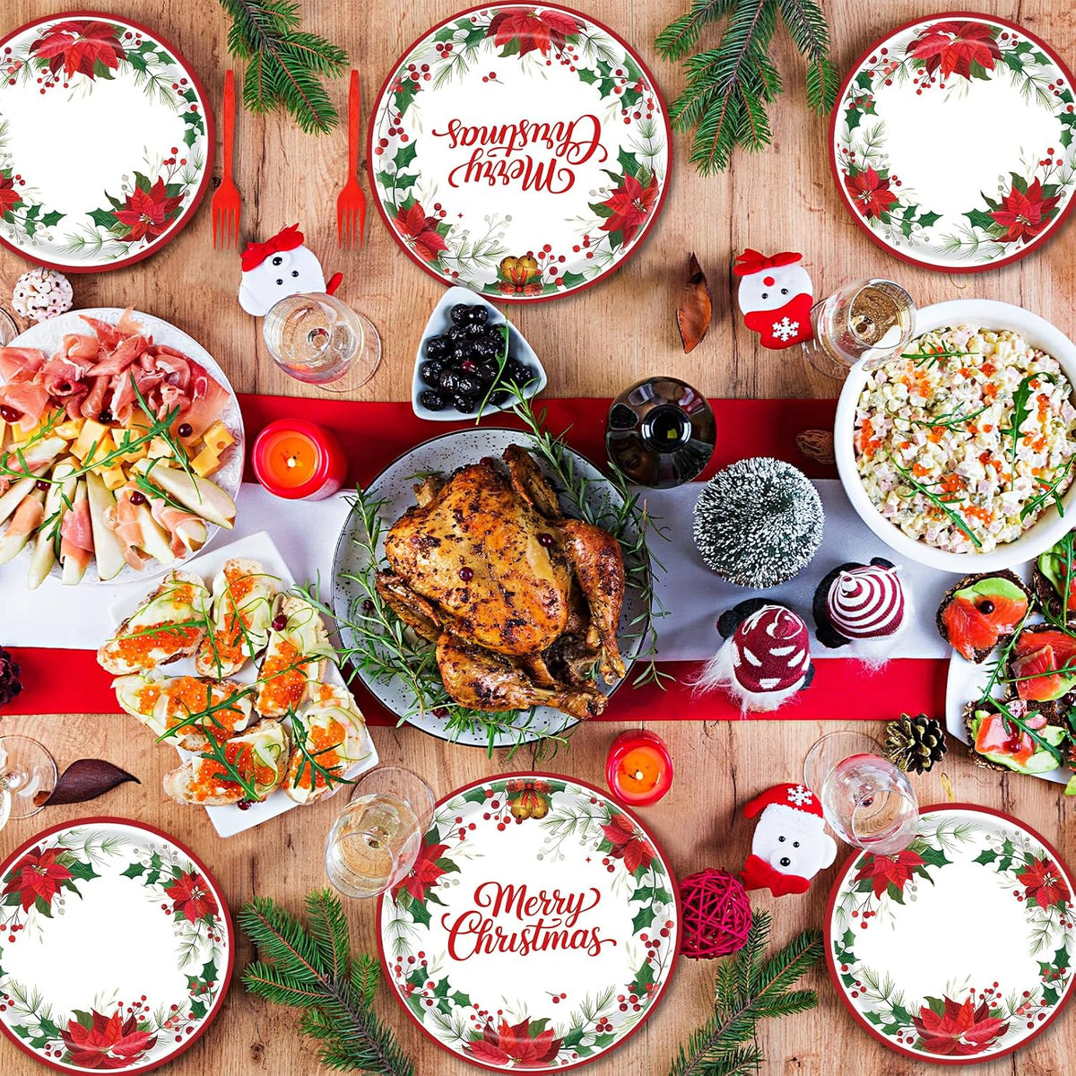 96 Pieces Christmas Poinsettia Tableware Set – Merry Christmas Disposable Plates, Napkins, Forks Party Supplies with Holiday Flower and Holly Designs for Xmas Parties Celebrations – Serves 24 Guests