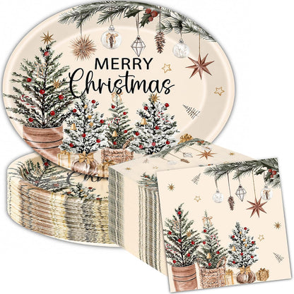 200Pcs Merry Christmas Paper Plates and Napkins ,Red Xmas Dinner Plates