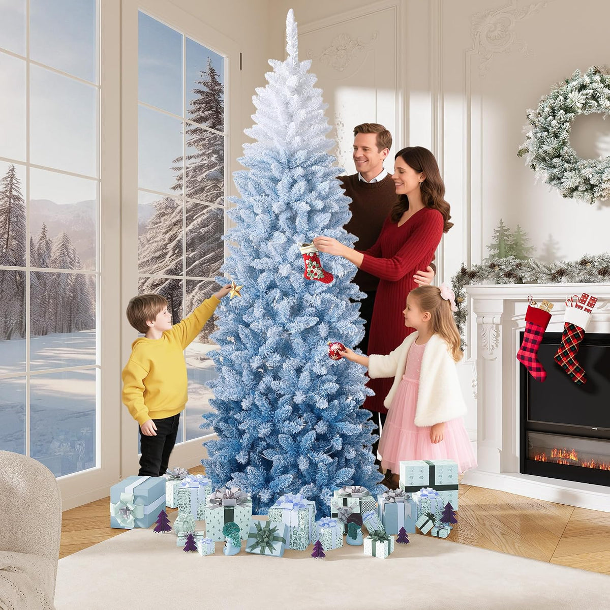 Garvee 6 ft Snow Flocked Pencil Christmas Tree, Slim Artificial Christmas Tree with Sturdy Metal Stand, Skinny Xmas Tree Holiday Decoration for Home, Office, Blue Gradient