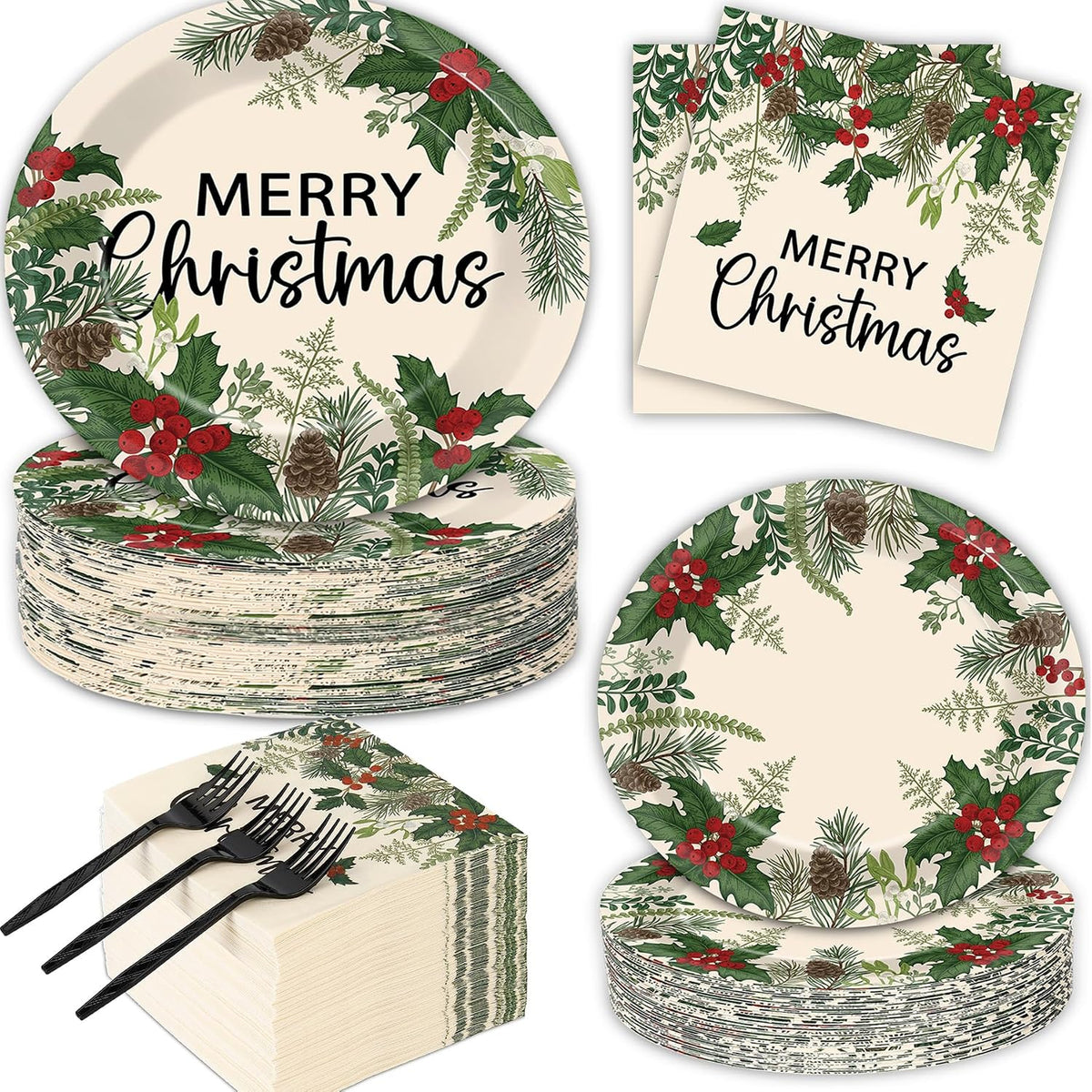 200Pcs Merry Christmas Paper Plates and Napkins , Xmas Dinner Party Plates