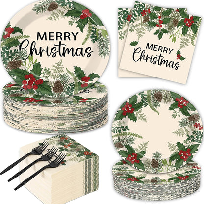 200Pcs Merry Christmas Paper Plates and Napkins , Xmas Dinner Party Plates