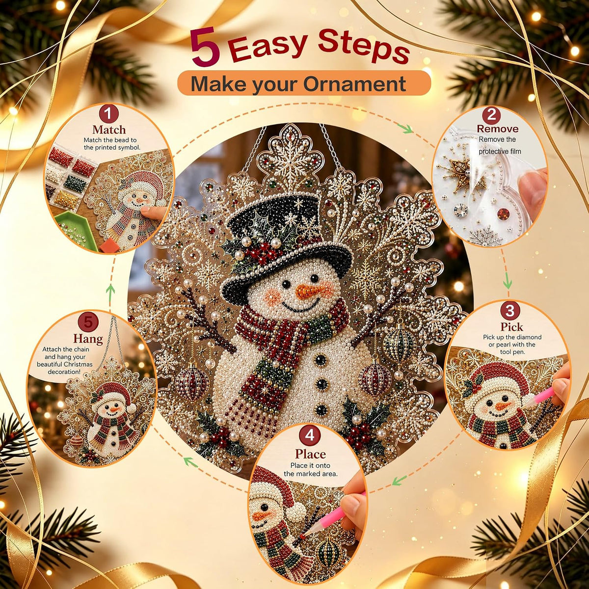 CSDmeewin 4-Piece Set Christmas Pearl Diamond Painting Suncatcher Kit,Acrylic Snowflake Shape Board with Lace Edge