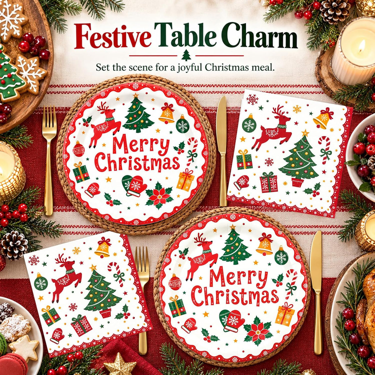 50PCS Christmas Plates and Napkins, 7 Inch Reindeer Dessert Plates