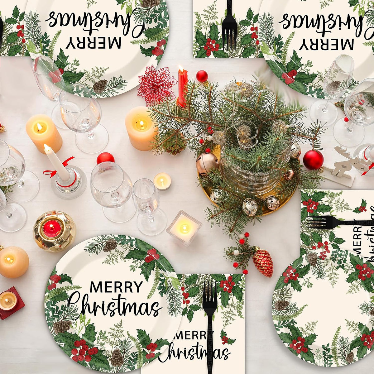 200Pcs Merry Christmas Paper Plates and Napkins , Xmas Dinner Party Plates