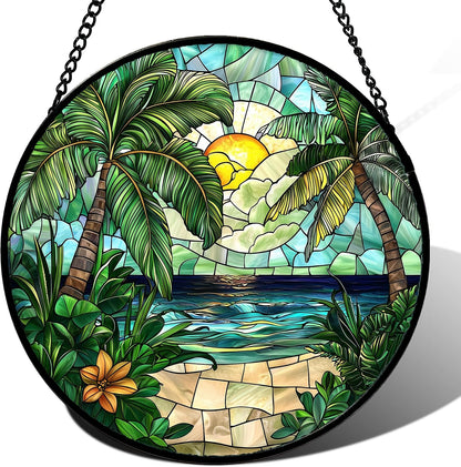 Winter Snow Night Scenery Stained Glass Window Hanging Suncatcher Gift 15"