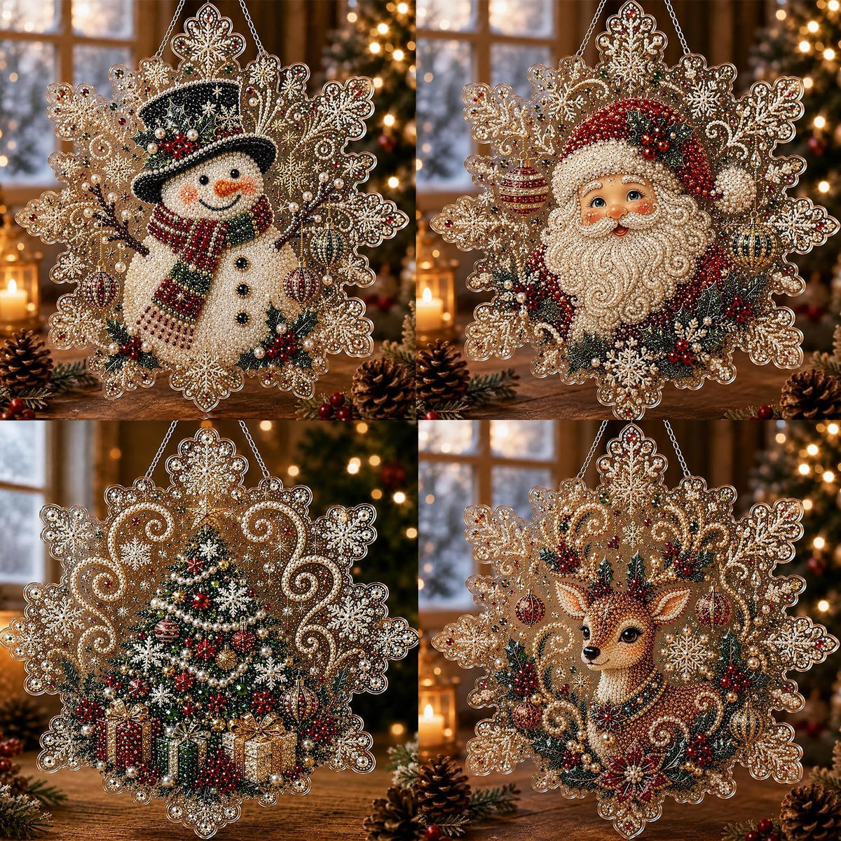 CSDmeewin 4-Piece Set Christmas Pearl Diamond Painting Suncatcher Kit,Acrylic Snowflake Shape Board with Lace Edge