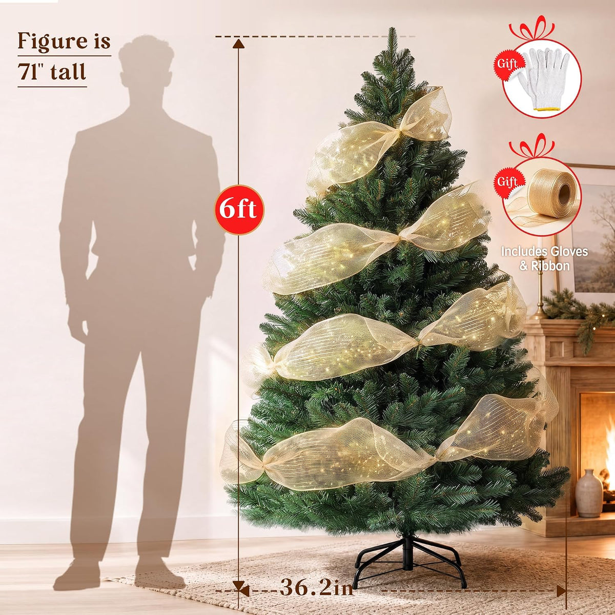LUCKLIFE 6 ft Artificial Christmas Tree, Full PVC Unlit Christmas Tree with Champagne Gold Mesh Ribbon, Metal Stand, Easy Assembly for Home & Holiday Party Decor, Green