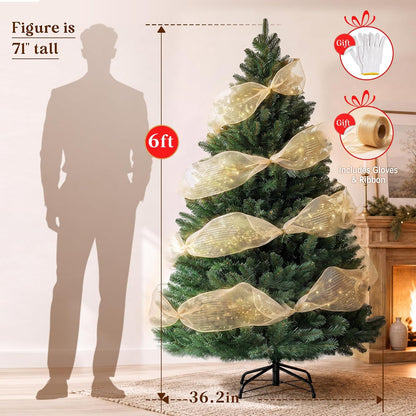 LUCKLIFE 6 ft Artificial Christmas Tree, Full PVC Unlit Christmas Tree with Champagne Gold Mesh Ribbon, Metal Stand, Easy Assembly for Home & Holiday Party Decor, Green