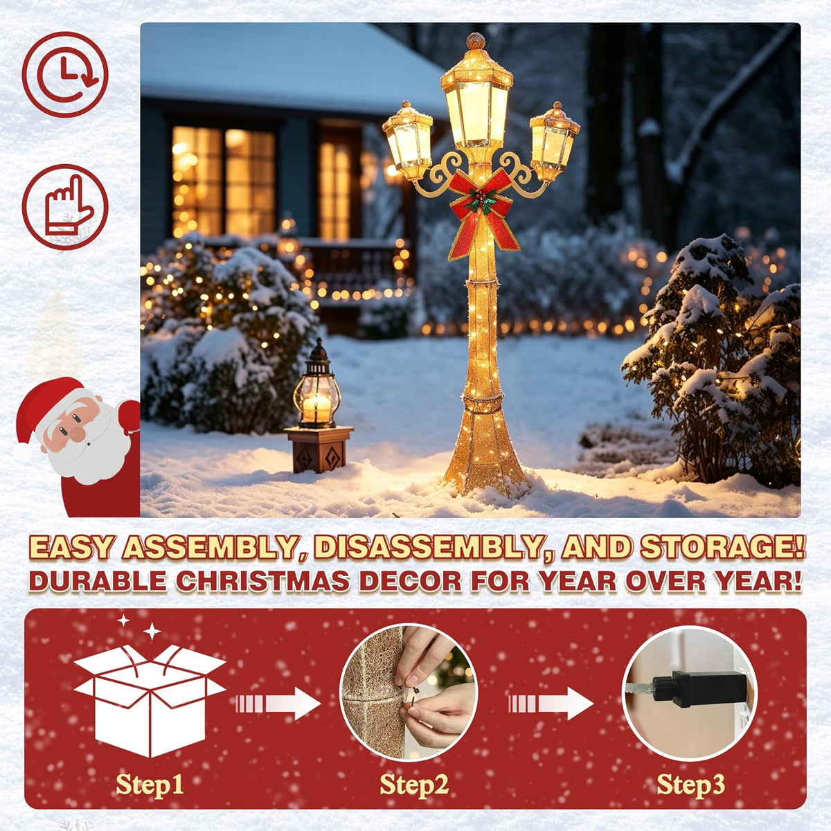 BlueWish 6FT Pre-Lit Triple Lamp Post, Christmas Lamp Post Decor, Golden