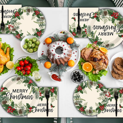 200Pcs Merry Christmas Paper Plates and Napkins , Xmas Dinner Party Plates
