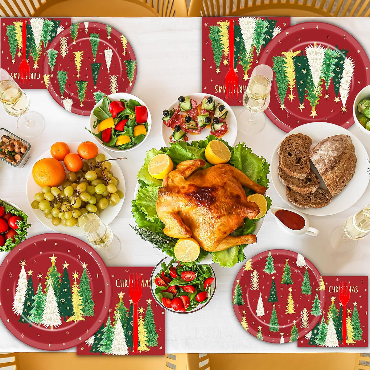 200Pcs Merry Christmas Paper Plates and Napkins ,Red Xmas Dinner Plates