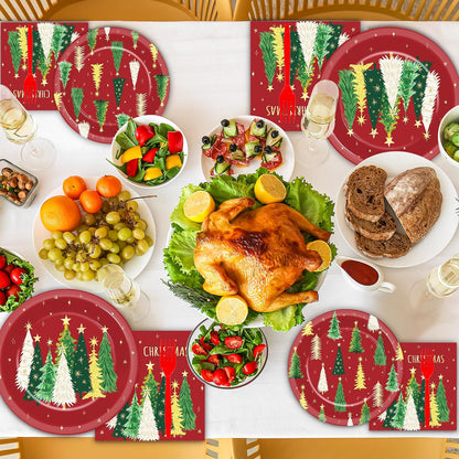 200Pcs Merry Christmas Paper Plates and Napkins ,Red Xmas Dinner Plates