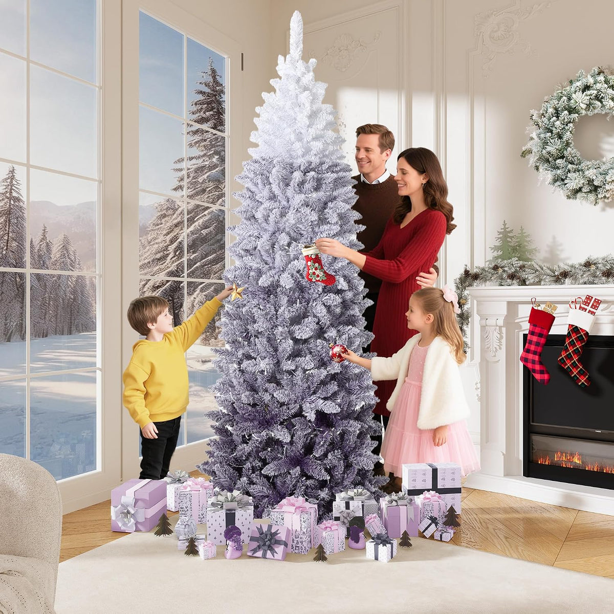 Garvee 6 ft Snow Flocked Pencil Christmas Tree, Slim Artificial Christmas Tree with Sturdy Metal Stand, Skinny Xmas Tree Holiday Decoration for Home, Office, Purple Gradient