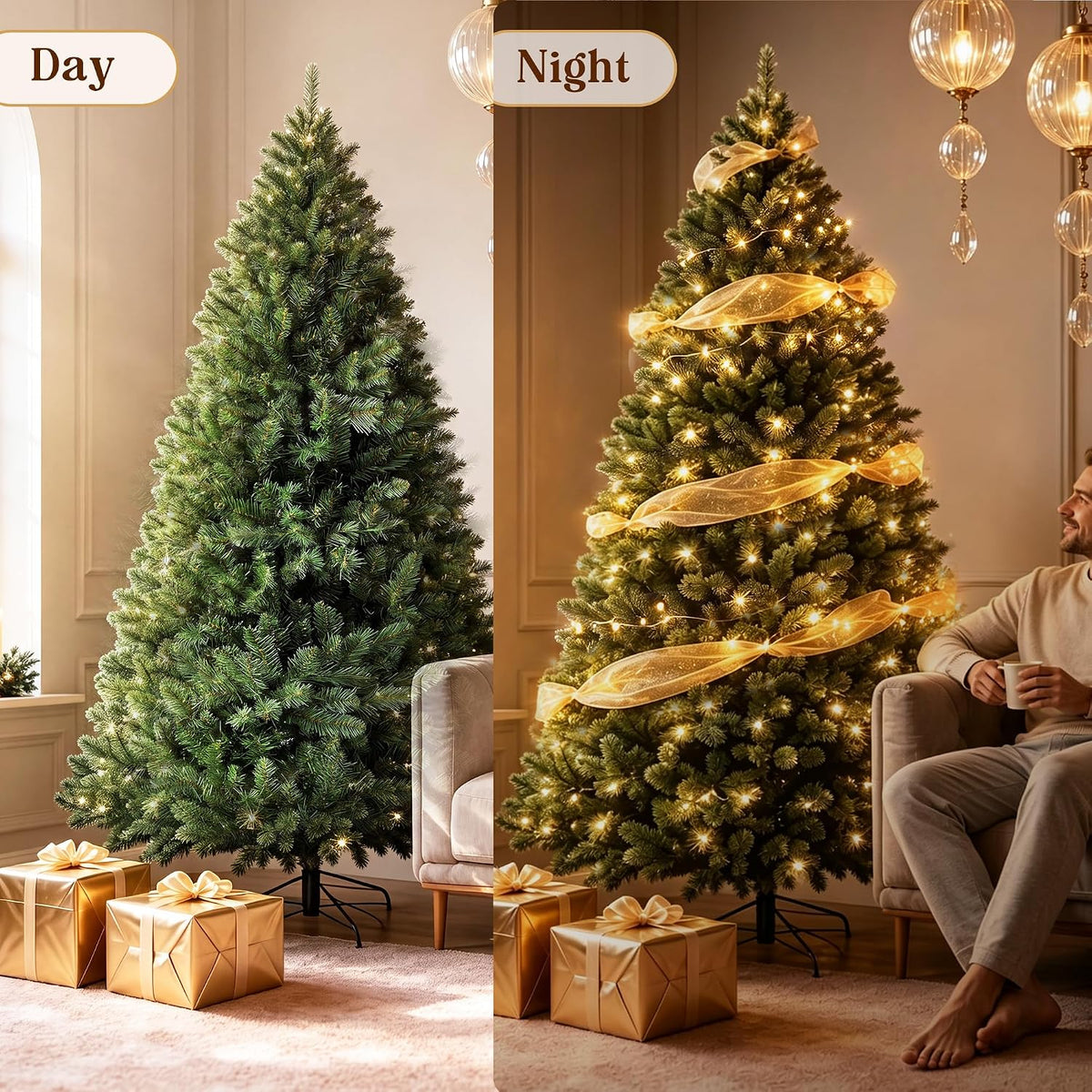 LUCKLIFE 6 ft Artificial Christmas Tree, Full PVC Unlit Christmas Tree with Champagne Gold Mesh Ribbon, Metal Stand, Easy Assembly for Home & Holiday Party Decor, Green