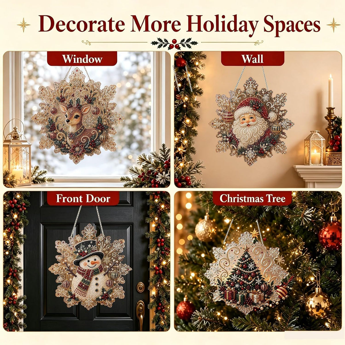 CSDmeewin 4-Piece Set Christmas Pearl Diamond Painting Suncatcher Kit,Acrylic Snowflake Shape Board with Lace Edge
