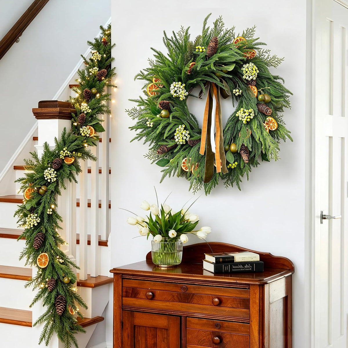 Christmas Wreaths for Front Door, Norfolk Pine Wreath with Light