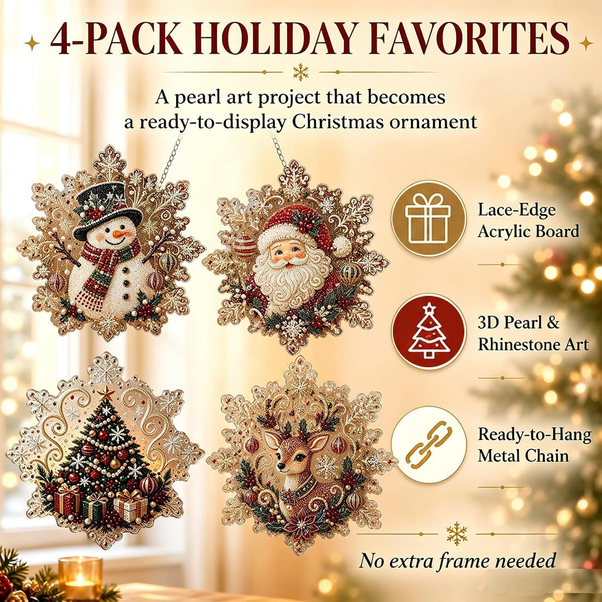 CSDmeewin 4-Piece Set Christmas Pearl Diamond Painting Suncatcher Kit,Acrylic Snowflake Shape Board with Lace Edge