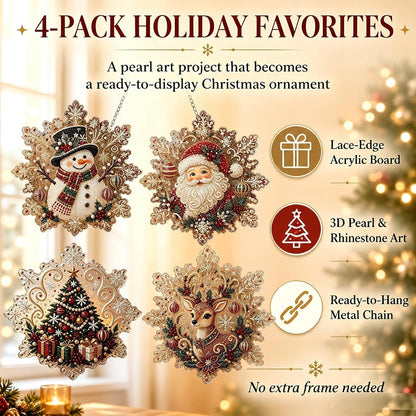 CSDmeewin 4-Piece Set Christmas Pearl Diamond Painting Suncatcher Kit,Acrylic Snowflake Shape Board with Lace Edge