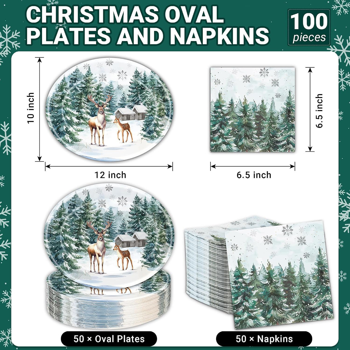 100Pcs Christmas Oval Paper Plates and Napkins,12"x10" Winter Large Plates