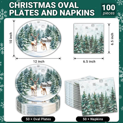100Pcs Christmas Oval Paper Plates and Napkins,12"x10" Winter Large Plates