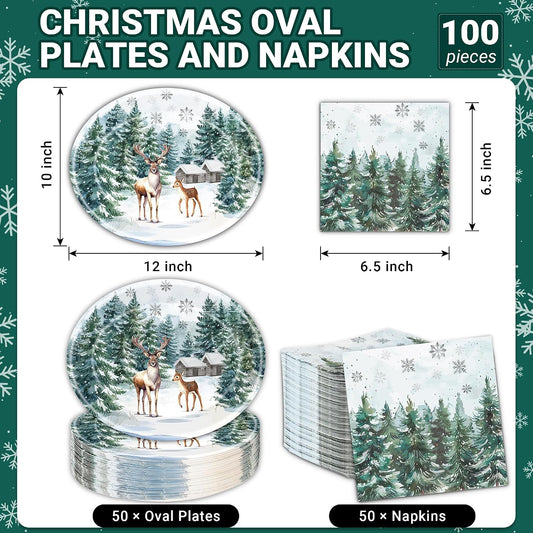 100Pcs Christmas Oval Paper Plates and Napkins,12"x10" Winter Large Plates