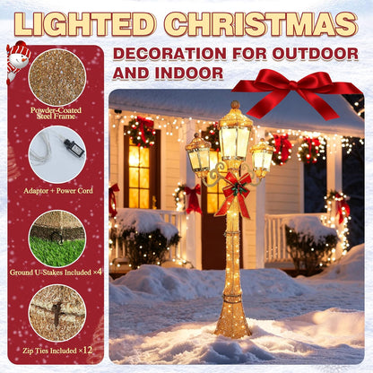 BlueWish 6FT Pre-Lit Triple Lamp Post, Christmas Lamp Post Decor, Golden