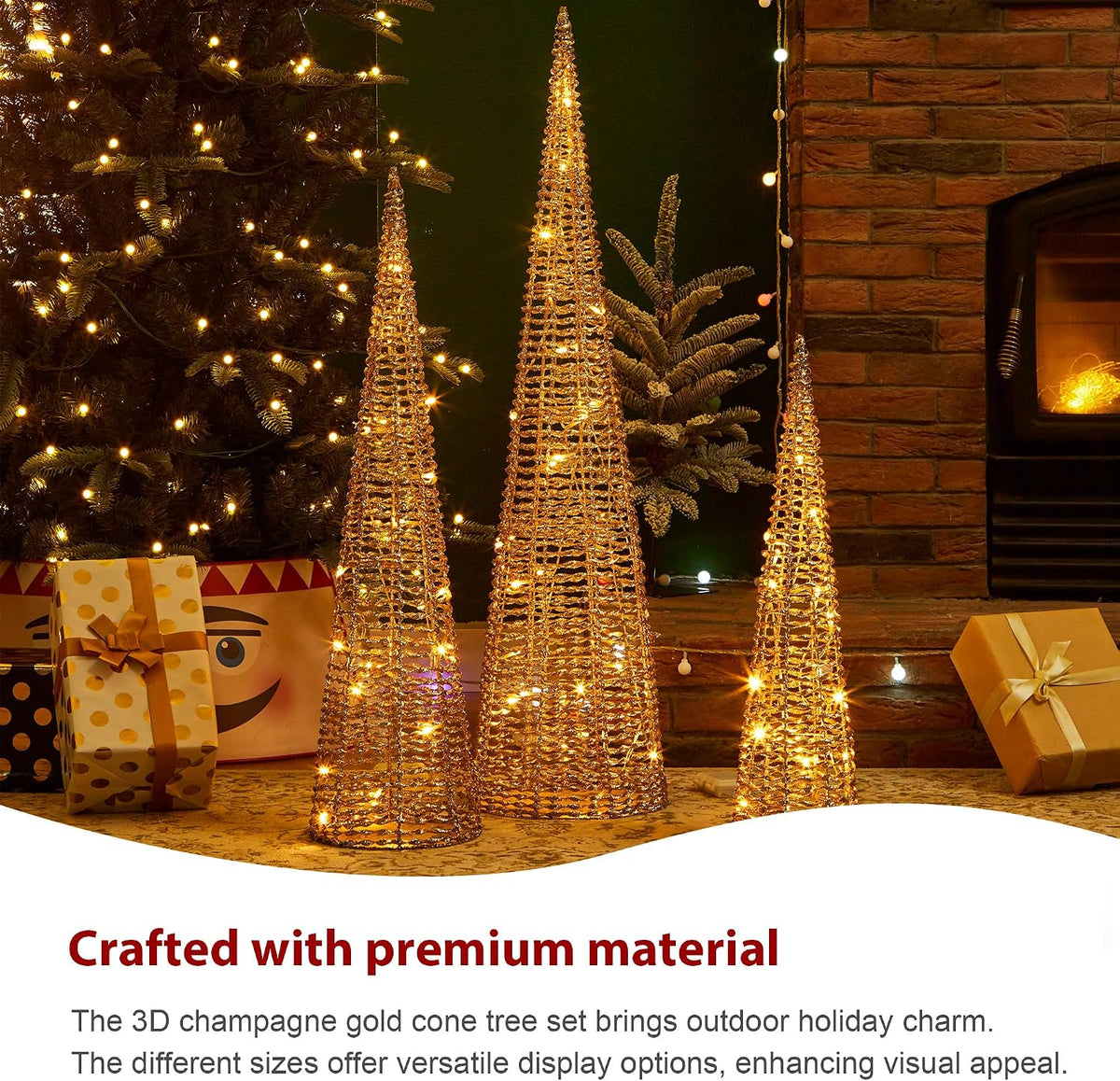 Glitzhome Lighted Christmas Crystal Cone Tree, with 65 LED Lights Warm White Holiday Christmas Decorations pre-lit Lawn Yard Decoration Festival Outdoor and Indoor use Long-Lasting, Gold, Set of 3