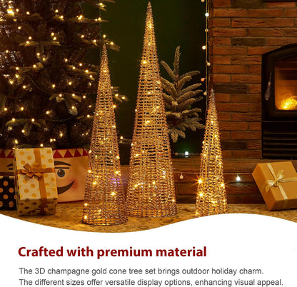 Glitzhome Lighted Christmas Crystal Cone Tree, with 65 LED Lights Warm White Holiday Christmas Decorations pre-lit Lawn Yard Decoration Festival Outdoor and Indoor use Long-Lasting, Gold, Set of 3