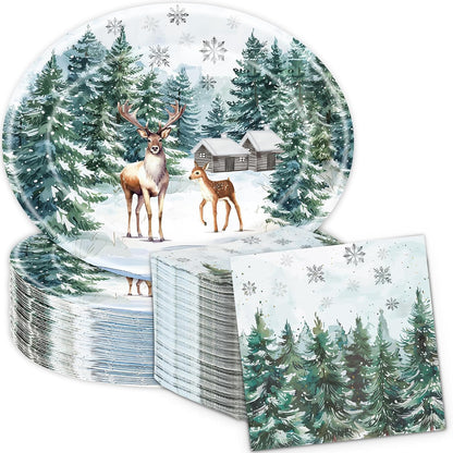 100Pcs Christmas Oval Paper Plates and Napkins,12"x10" Winter Large Plates