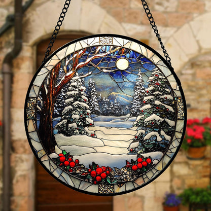 Winter Snow Night Scenery Stained Glass Window Hanging Suncatcher Gift 6.3"
