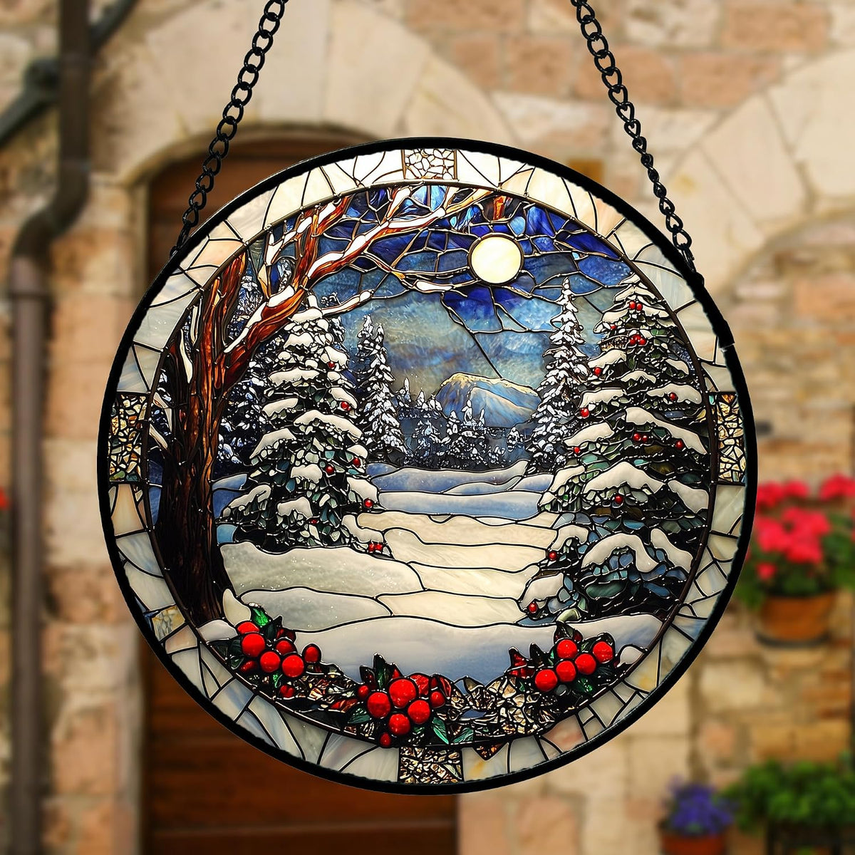 Winter Snow Night Scenery Stained Glass Window Hanging Suncatcher Gift 12"