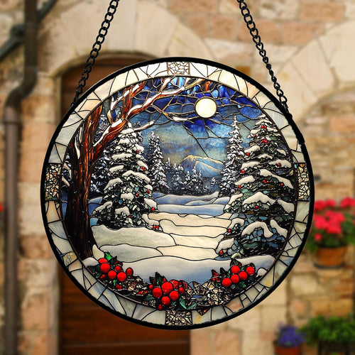 Winter Snow Night Scenery Stained Glass Window Hanging Suncatcher Gift 12"