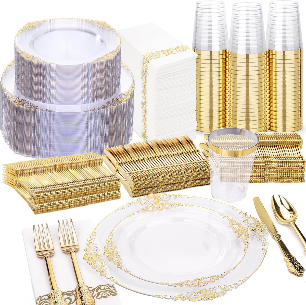 Nervure 350Pcs Red Plastic Plates, Plastic Dinnerware Set for 50 Guests