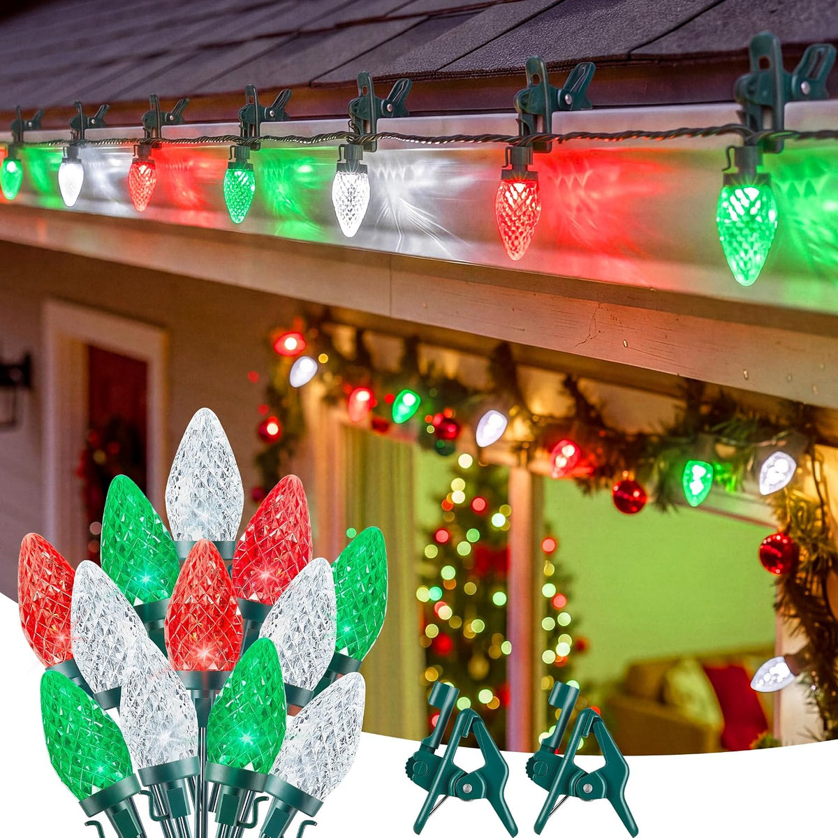 Brightown Christmas Lights Outdoor, 102FT 150LED C9 String Light with Clips
